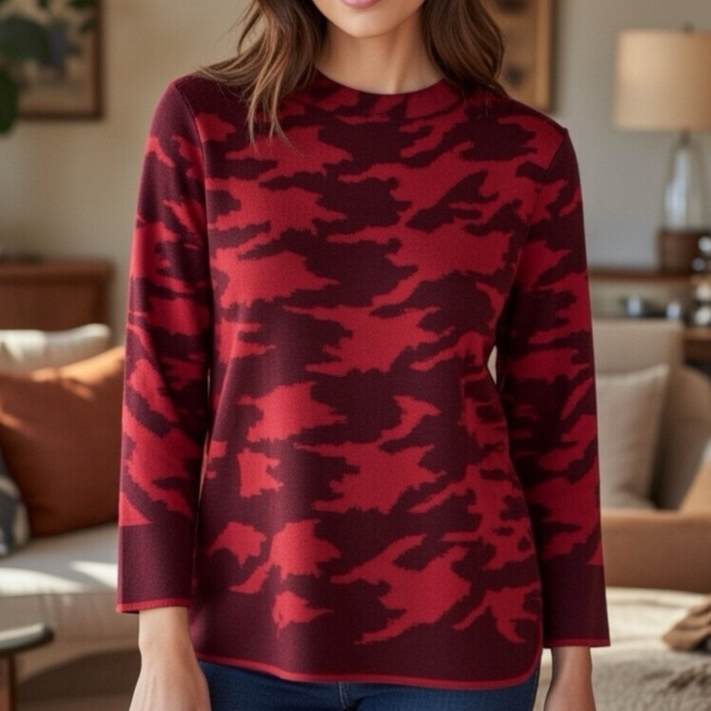 Chico's Sweater Women's 1 Or M 8 Red Maroon Print Pullover Back Zip Cozy NEW